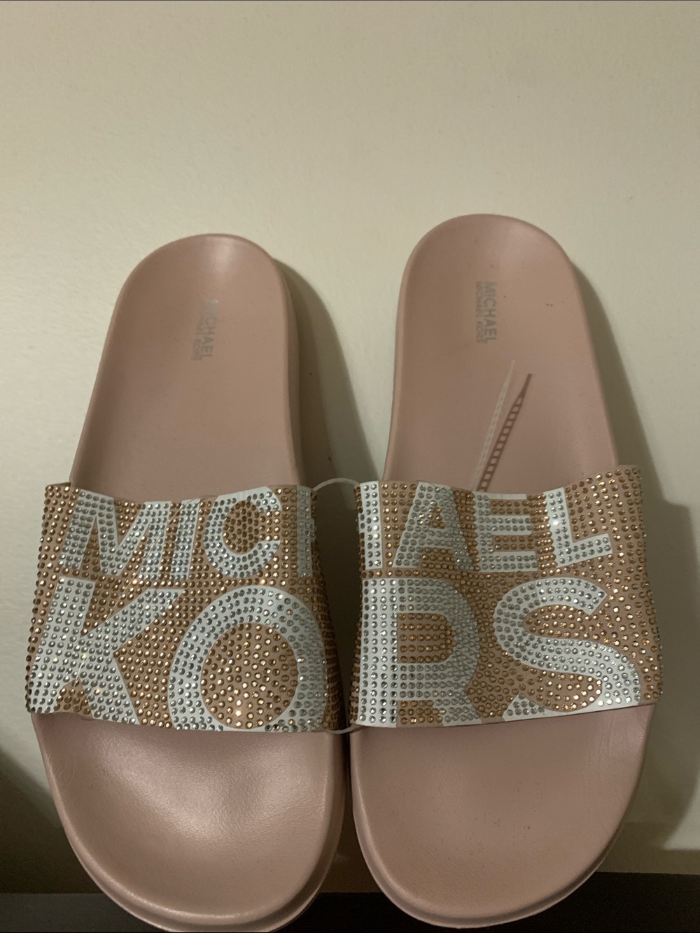 MICHAEL KORS Blush Pink Crystal Logo Slide Sandals - Picture 2 of 3